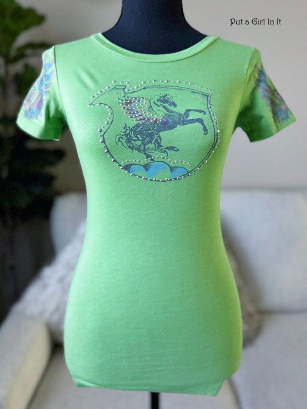 Vocal Apparel Women's Studded Green Pegasus Rainbow Wings Crown Shirt S M L XL